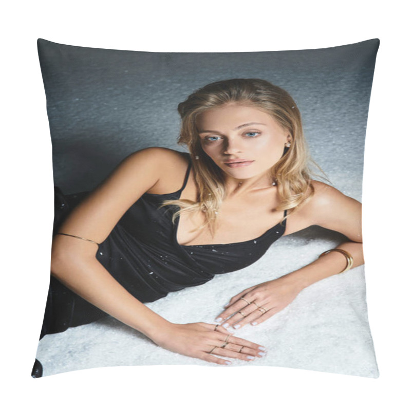 Personality  The Young Woman In A Black Dress Lies Comfortably, Showcasing Her Elegance And Charm. Pillow Covers