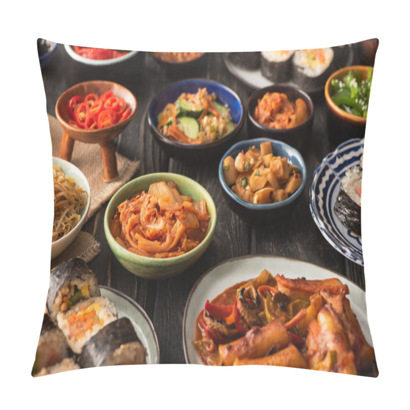 Personality  Selective Focus Of Traditional Kimchi And Topokki Near Tasty Korean Dishes On Wooden Surface  Pillow Covers