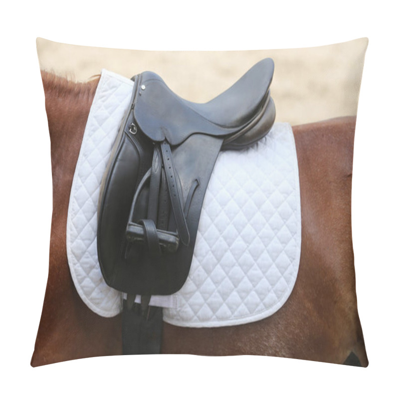 Personality  Closeup Of A Leather Saddle For Equestrian Sport On Horseback Pillow Covers