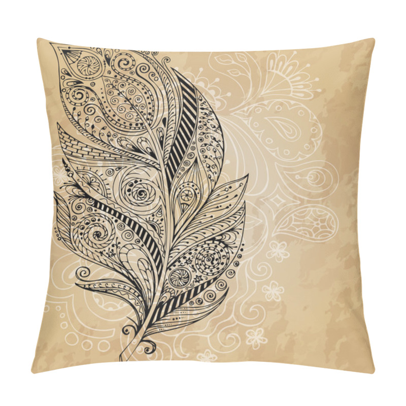 Personality  Artistically Drawn, Stylized, Vector Tribal Graphic Feathers With Hand Drawn Swirl Doodle Pattern. Grunge Background. Illustration Is Created From A Personal Sketch By Trace. Series Of Doodle Feather. Pillow Covers