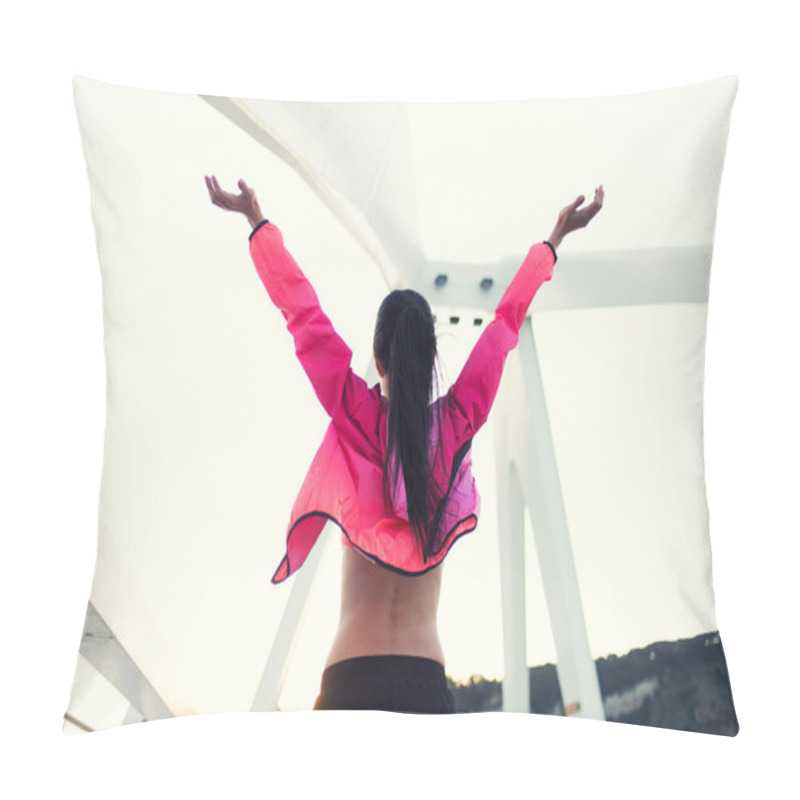 Personality  Sportswoman Raised Hands With Feeling Of Freedom Pillow Covers