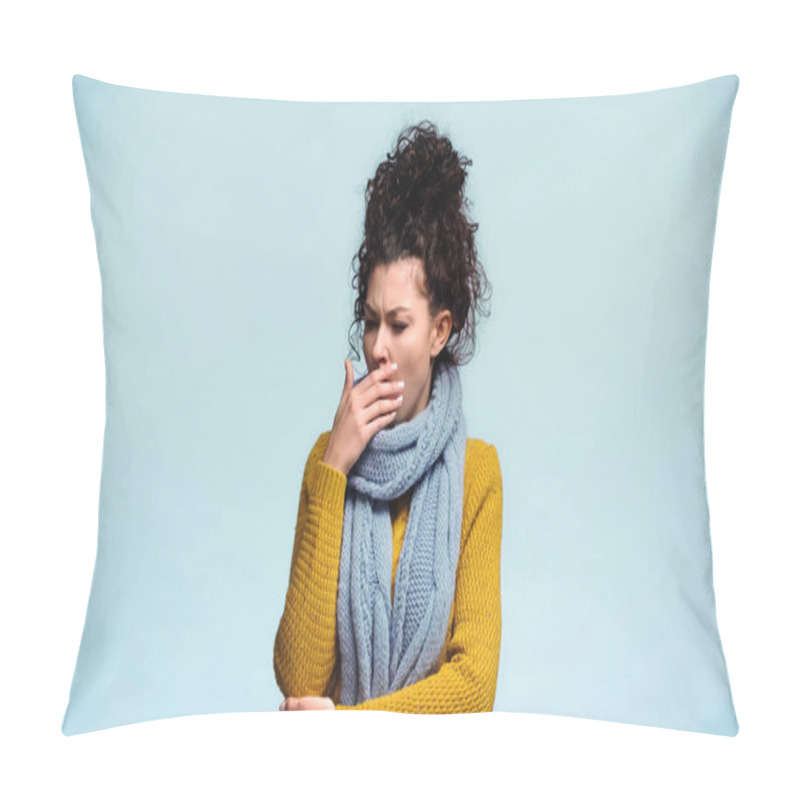 Personality  Sick Woman In Warm Scarf And Sweater Coughing Isolated On Blue Pillow Covers