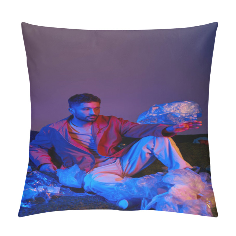 Personality  A Man Wearing A Pink Jacket Sits In A Studio, Surrounded By Plastic. Pillow Covers