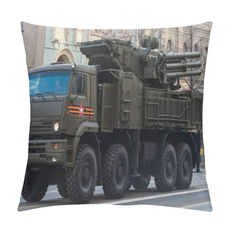 Personality  April 30, 2021 Moscow, Russia. Russian Self-propelled Anti-aircraft Missile And Gun System (ZRPK) Pantsir S On Tverskaya Street In Moscow. Pillow Covers