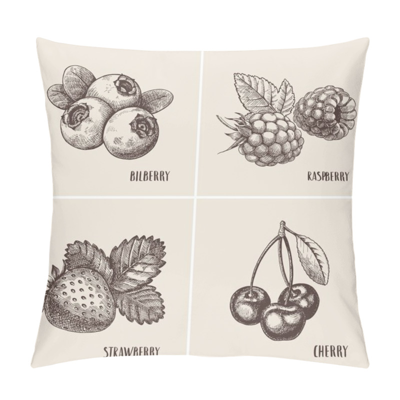 Personality  Blueberries, Raspberries, Strawberries And Mulberries Vector Illustration. Set Of Berries Skech. Pillow Covers