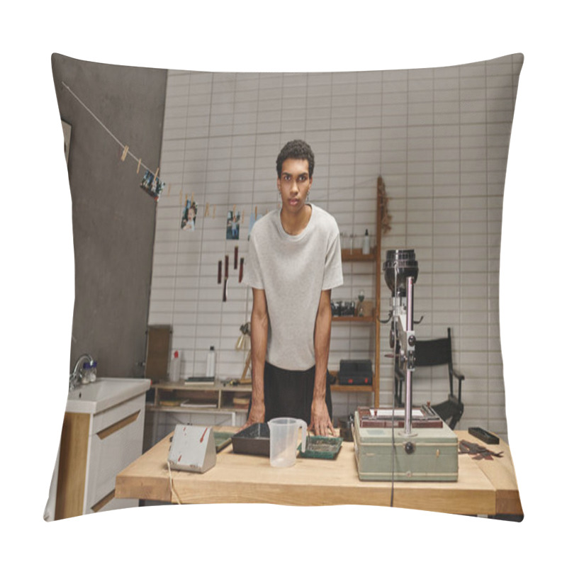 Personality  Focused Young African American Man Developing Film In A Well-equipped Photo Lab, Analog Photography Pillow Covers