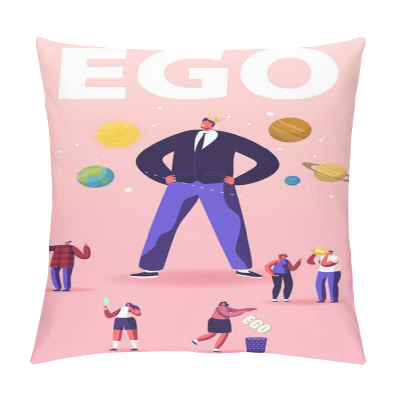 Personality  Ego, Narcissistic Self Love Behavior Concept. People Characters Around Of Egocentric Macho Man Wearing Crown On Head. Psychological Disorder Symptom Poster Banner Flyer Cartoon Vector Illustration Pillow Covers