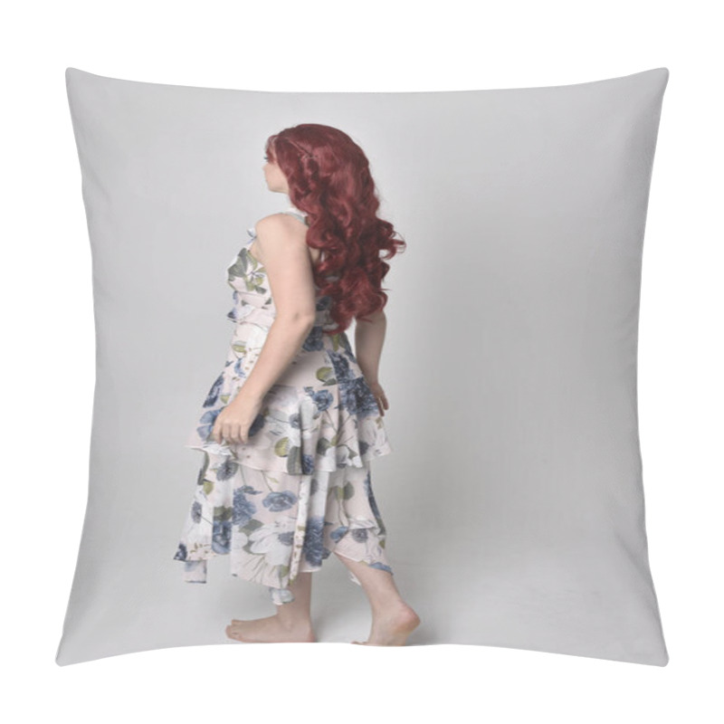 Personality  Portrait Of A Beautiful Woman With Red Hair Wearing  A  Flowing Floral Gown.  Full Length Standing Pose, Isolated Against A Studio Background Pillow Covers