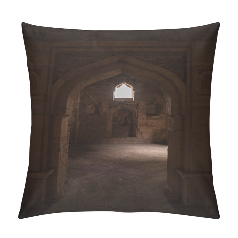 Personality  Mandu India, Afghan Ruins Of Islam Kingdom, Palace Interior, Mosque Monument And Muslim Tomb. Sunshine From Door In Dark Corridor. Pillow Covers