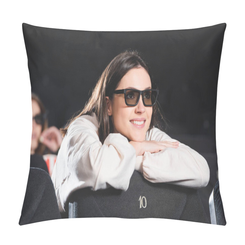 Personality  Selective Focus Of Smiling Woman In 3d Glasses Watching Movie In Cinema  Pillow Covers