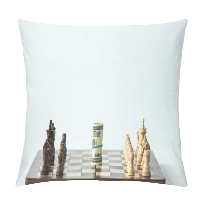 Personality  Chess Board With Cash And Chess Pieces Isolated On White Pillow Covers