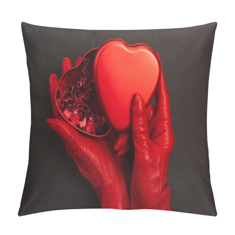 Personality  Top View Of Woman In Red Gloves Holding Metallic Heart-shaped Box On Black Pillow Covers