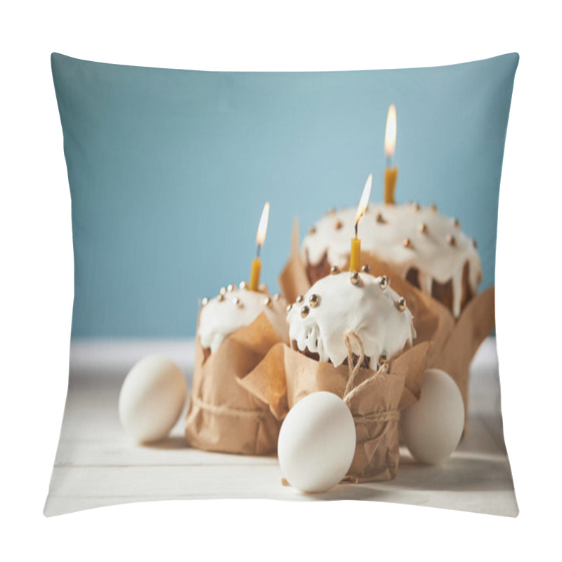 Personality  Selective Focus Of Delicious Easter Cakes With Candles And Chicken Eggs On Turquoise  Pillow Covers