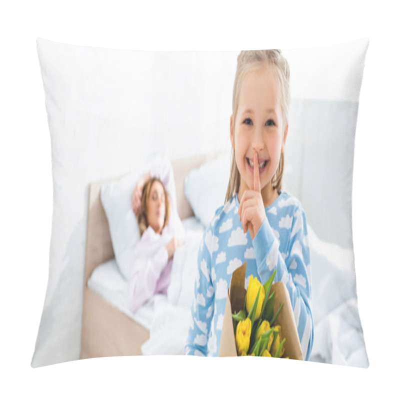 Personality  Panoramic Shot Of Smiling Daughter Showing Shh And Holding Bouquet In Mothers Day Pillow Covers