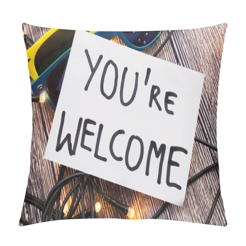 Personality  Invitation You Are Welcome Is Given In Photograph. Glasses With Two Specific Colors And Lights Are Shown. Above Picture Presents Invitation Concept And Used As Polite Response To Thanks. Pillow Covers