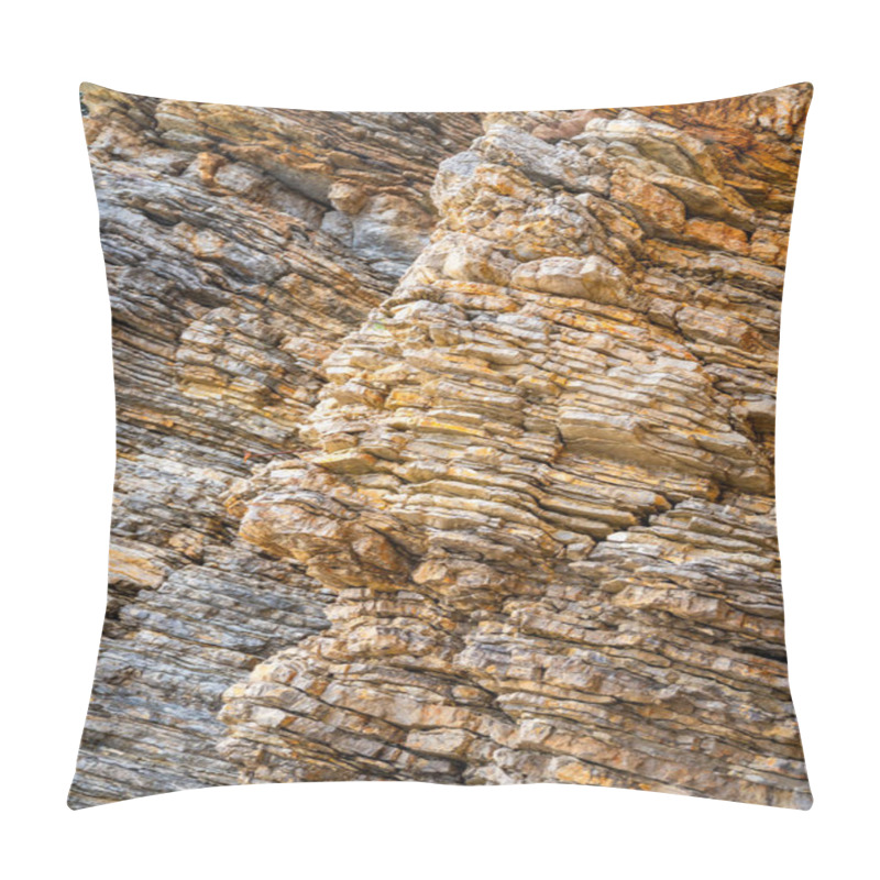 Personality  Layered Rock Texture In Budva, Montenegro. Sedimentary Rocks With Rugged Surface Of Gray And Brown. Natural Formation Of Layers And Cracks, Geological Structure. High Quality Photo Pillow Covers