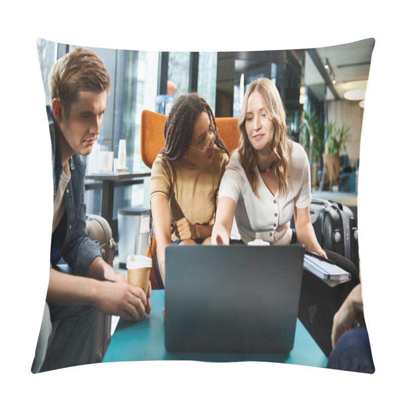 Personality  Multicultural Colleagues Gather Around A Laptop In A Hotel Lobby During A Corporate Trip, Discussing Business Strategies. Pillow Covers