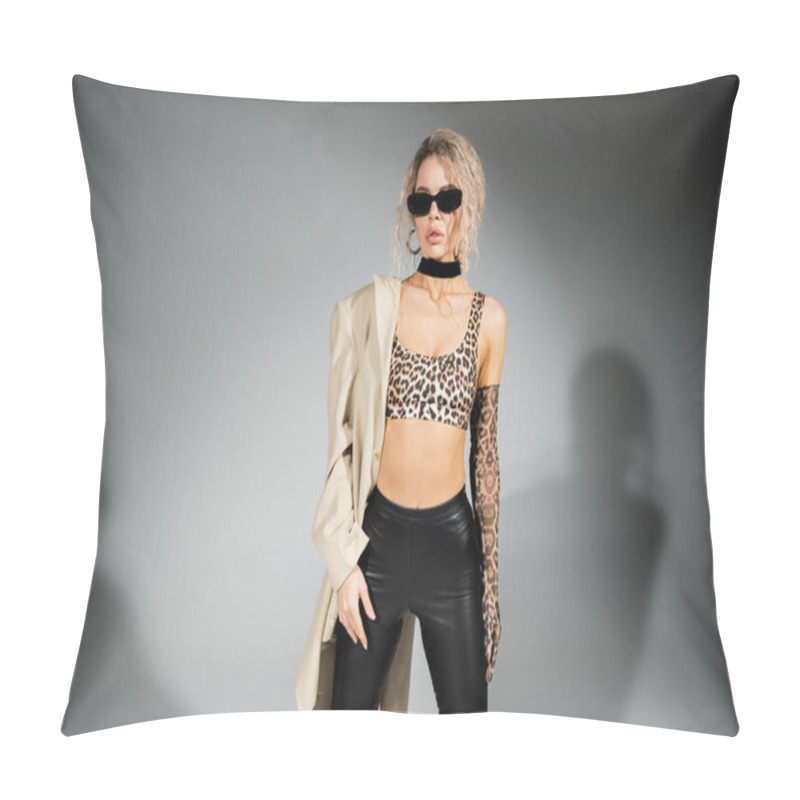 Personality  Stylish And Sexy Woman In Dark Sunglasses, Animal Print Crop Top, Long Glove And Black Latex Pants Posing With Beige Blazer On Shoulder On Grey Background, Modern Fashion And Style Pillow Covers