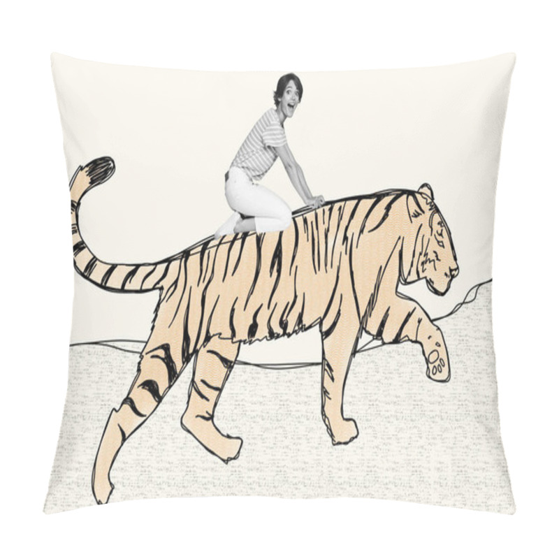 Personality  Composite Picture Abstract Photo Collage Of Ecstatic Overjoyed Woman Riding Tiger In Savanna Isolated On Creative Painted Background. Pillow Covers