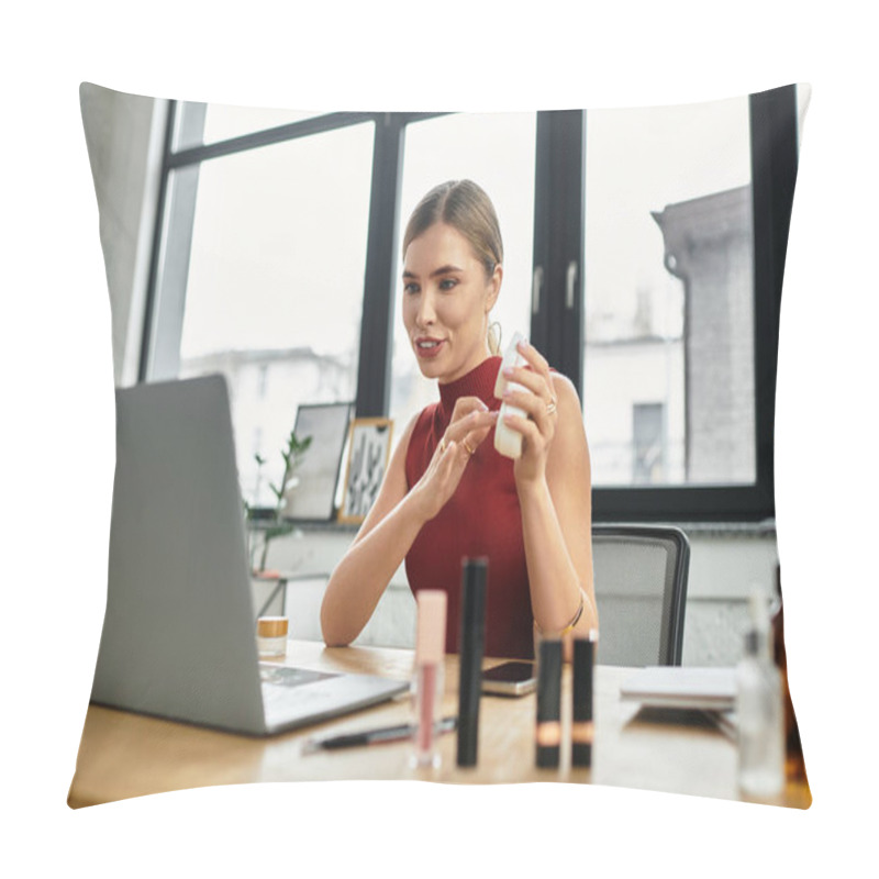 Personality  Streaming Live From Her Stylish Workspace, A Beauty Influencer Showcases Her Favorite Products. Pillow Covers