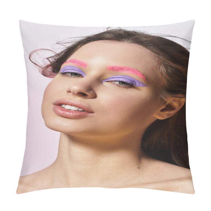 Personality  Beauty And Creativity Blend As A Young Woman Showcases Her Striking Makeup Against A Grey Backdrop. Pillow Covers