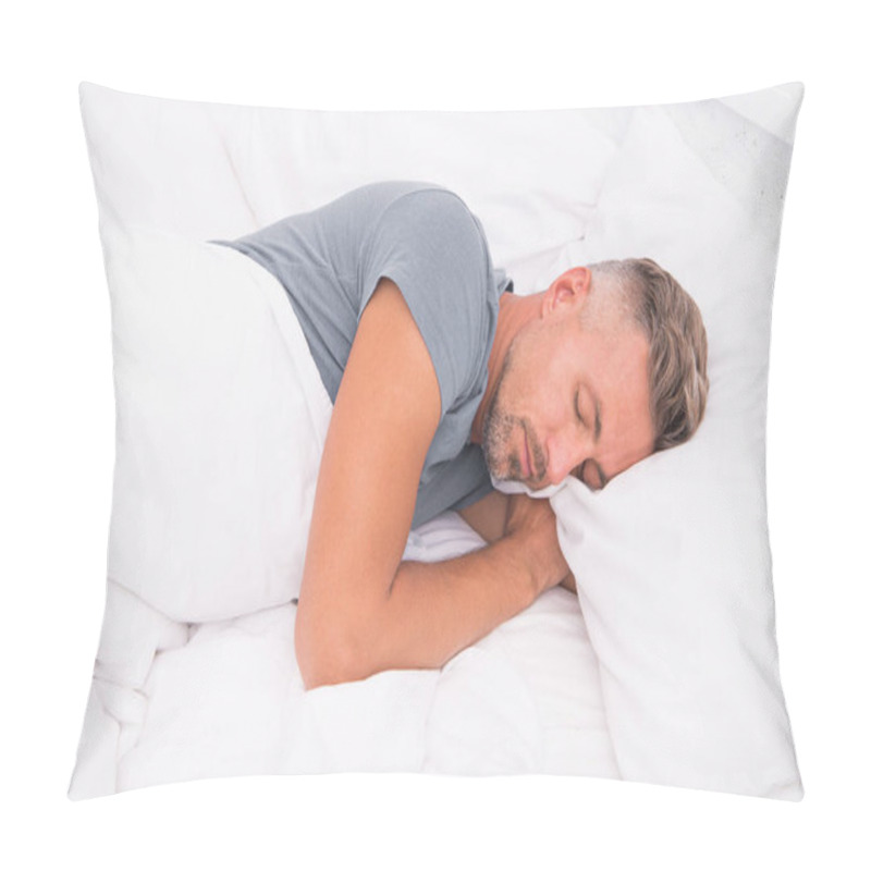 Personality  Relaxed Man. Promote Prevention And Management Of Sleep Disorders. World Sleep Day. Benefits Of Good And Healthy Sleep. Breathe Easily, Sleep Well. Handsome Man In Bed. Sleeping Guy At Home Pillow Covers