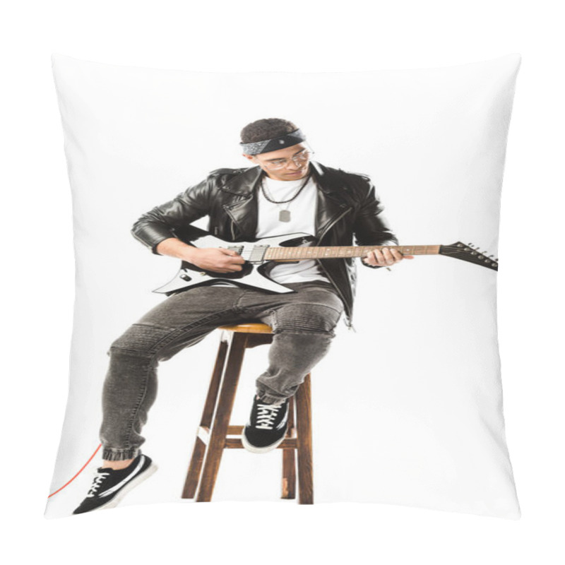 Personality  Focused Male Rock Musician In Leather Jacket Playing On Electric Guitar While Sitting On Chair Isolated On White Pillow Covers