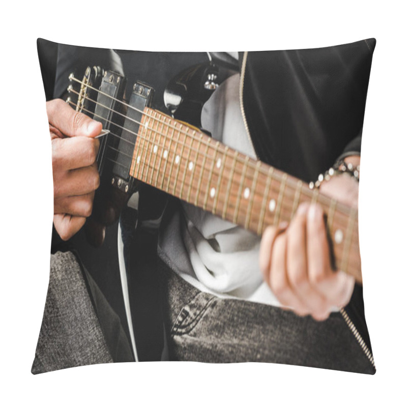 Personality  Partial View Of Male Rock Musician In Leather Jacket Playing On Electric Guitar Isolated On White Pillow Covers