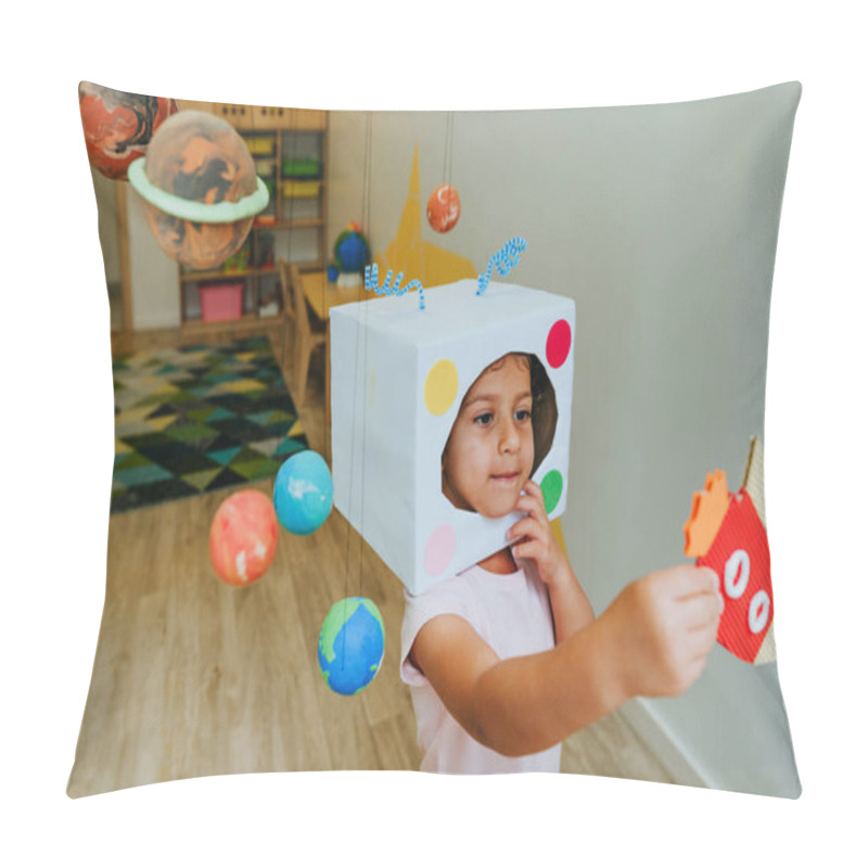 Personality  Little Girl Wearing Handmade Helmet Playing With Paper Spaceship Learning Solar System Planets Models At Home Or Kindergarten. Education Science Concept. Selective Focus. Pillow Covers