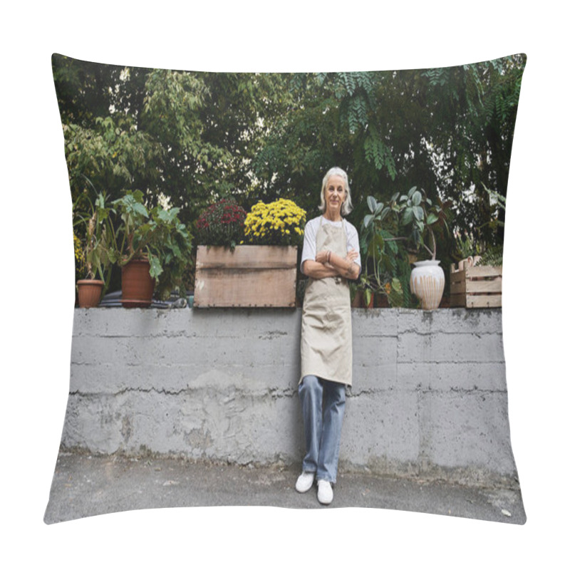 Personality  A Beautiful Mature Woman Stands Proudly Among Blooming Flowers In Her Lush Garden. Pillow Covers