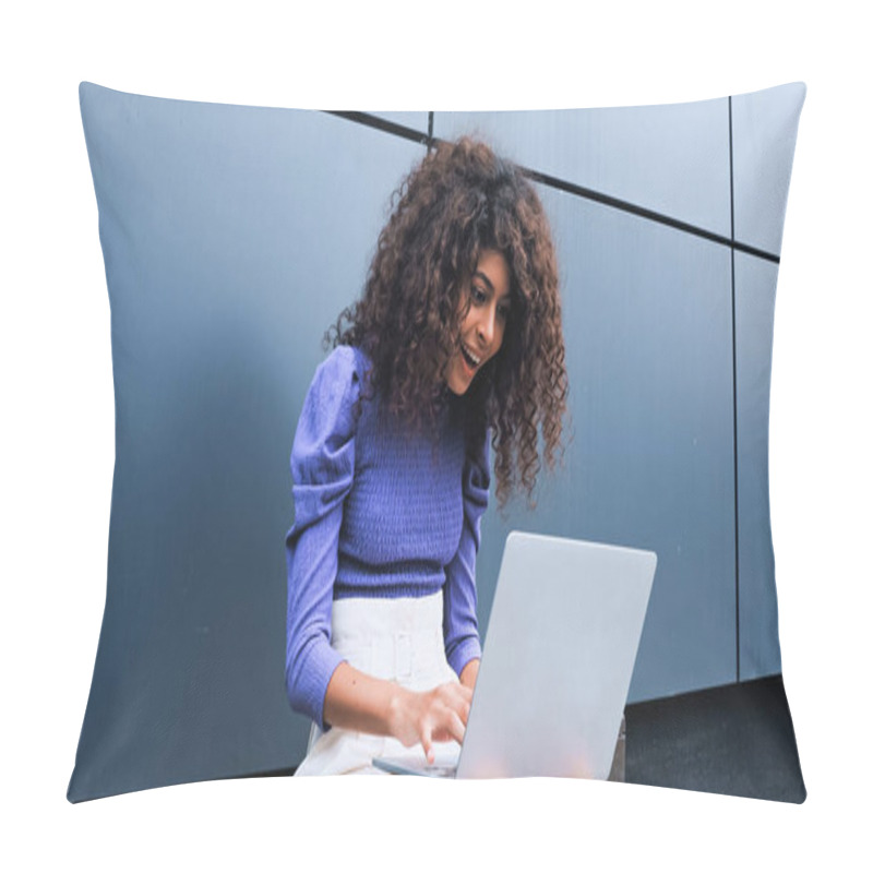 Personality  Excited Young Freelancer Typing On Laptop Outside  Pillow Covers