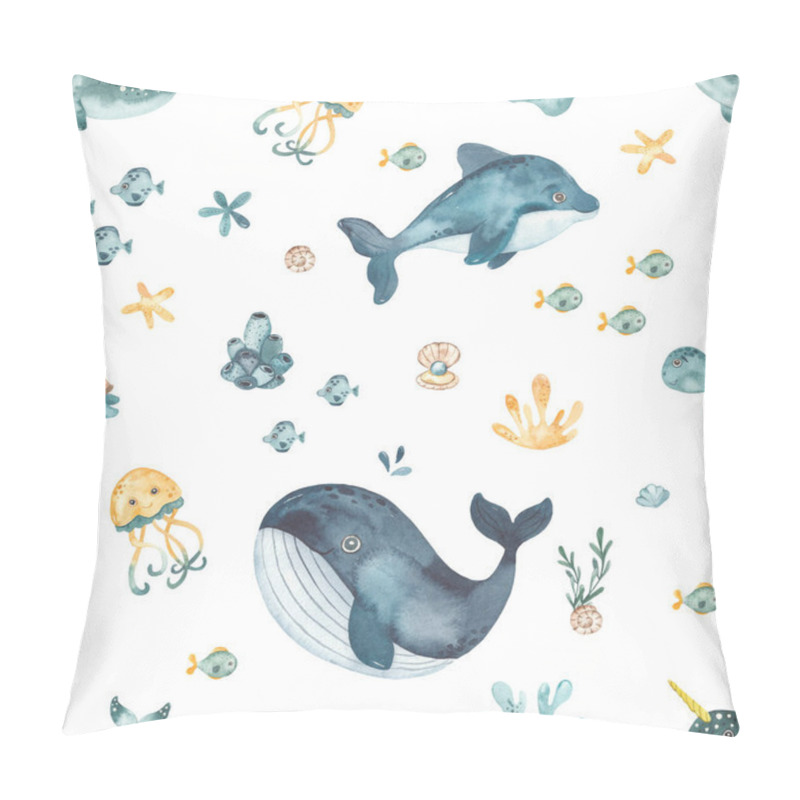 Personality  Sea Creatures, Marine Animals, Rbs, Jellyfish, Whale, Narwhal, Dolphin, Corals, Algae, Shells, Starfish Watercolor Seamless Pattern Pillow Covers