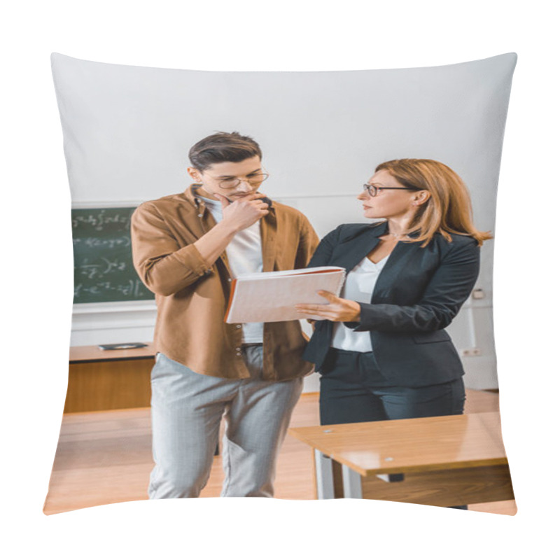 Personality  Female Teacher Helping Pensive Male Student With Assignment During Lesson In Classroom Pillow Covers