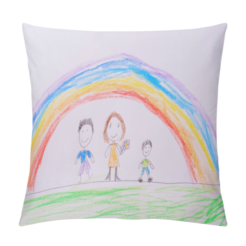 Personality  Child's Drawing Of Happy Family Under The Rainbow. What A Children's Picture Can Tell Pillow Covers