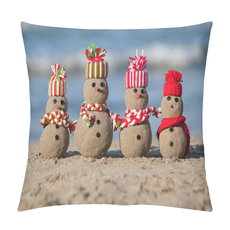 Personality  Family Of Sandy Snowmen At Tropical Beach.  Pillow Covers