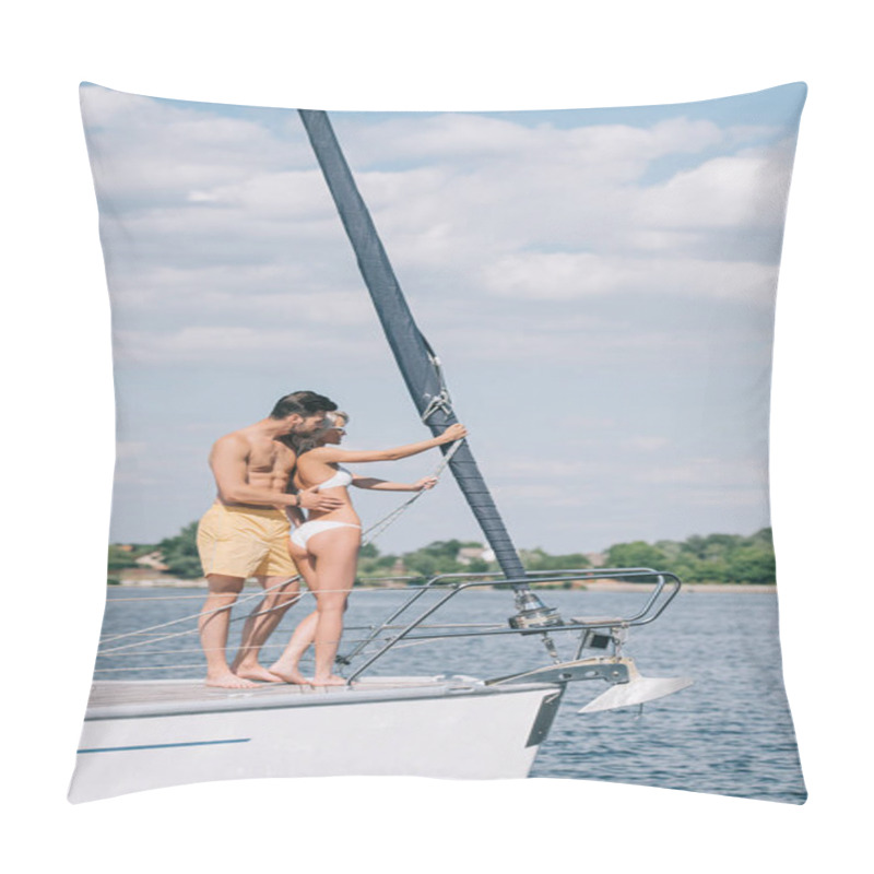 Personality  Beautiful Young Couple In Swimwear Standing Together On Yacht Pillow Covers