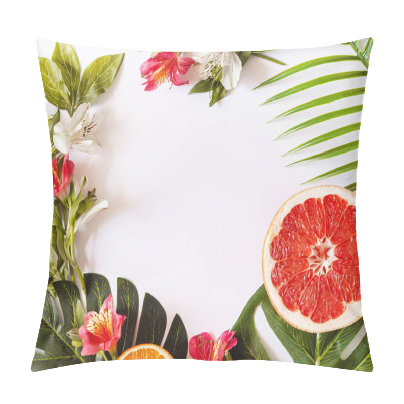 Personality  Summer Tropical Theme Background Or Template With A Space For A Text, Various Fruits, Green Leaves And Flowers Pillow Covers