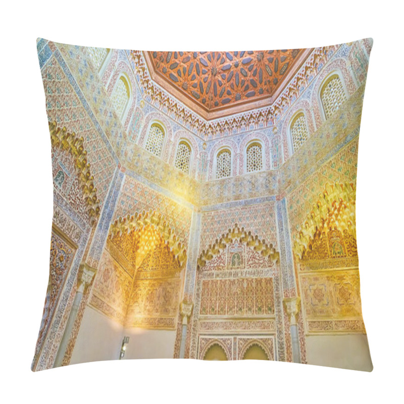 Personality  GRANADA, SPAIN - SEPTEMBER 27, 2019: Mosque of Palacio de la Madraza (Madrasah) boasts impressive Islamic patterns, sebka designs, mocarabe (muqarnas) vaulting, wooden dome, on September 27 in Granada pillow covers