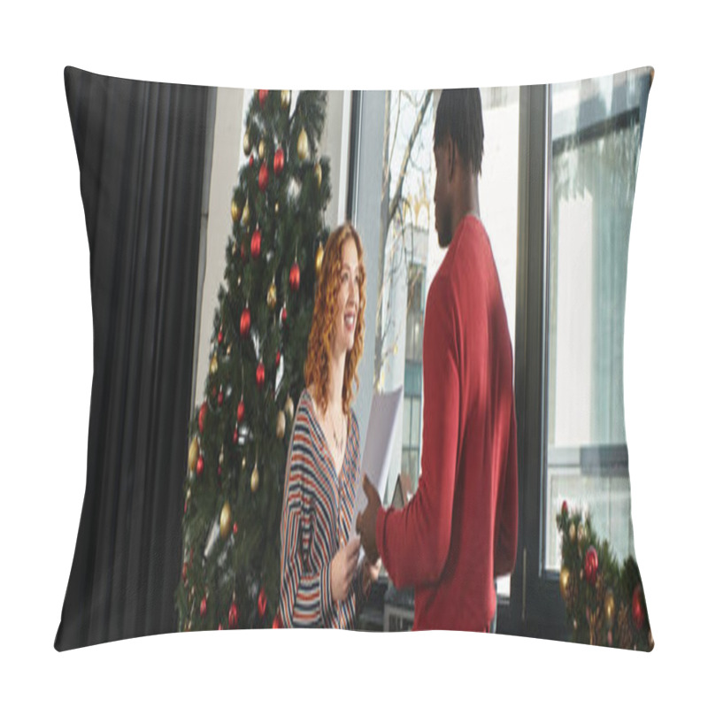 Personality  A Group Of Young Coworkers Exchange Warm Smiles And Holiday Cheer During A Christmas Celebration. Pillow Covers