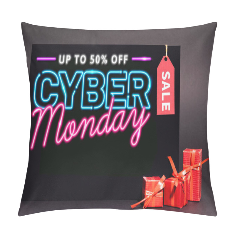 Personality  Placard With Up To 50 Percent Off, Cyber Monday Lettering And Sale Tag Near Presents On Dark Background Pillow Covers