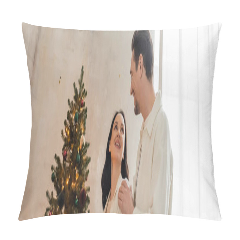 Personality  Happily Married Couple In Soft Home Wear Decorating Christmas Tree In Modern Apartment, Banner Pillow Covers