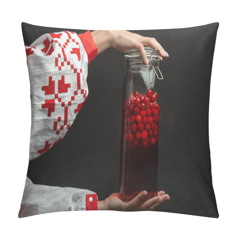 Personality  Woman In Ukrainian Traditional Vishivanka Dress Holding Traditional Infused Cranberries Spirit - Nalyvka Pillow Covers