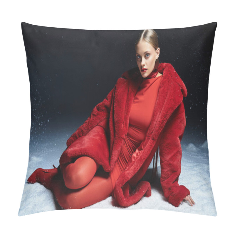 Personality  A Stunning Young Woman Sits Elegantly On The Snow, Showcasing Her Vibrant Red Attire With Poise. Pillow Covers