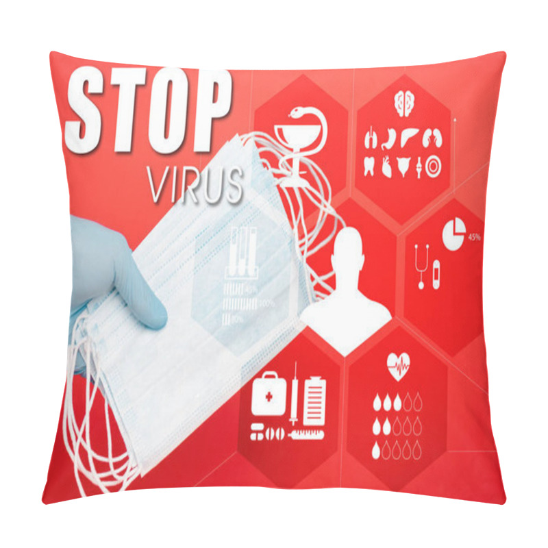 Personality  Cropped View Of Scientist Holding Medical Masks Near Stop Virus Lettering On Red  Pillow Covers