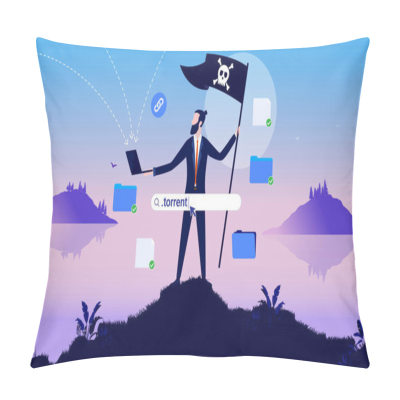 Personality  Internet Pirate - Businessman With Pirate Flag Holding Laptop And Downloading Files And Software. Online Piracy Concept. Vector Illustration Pillow Covers