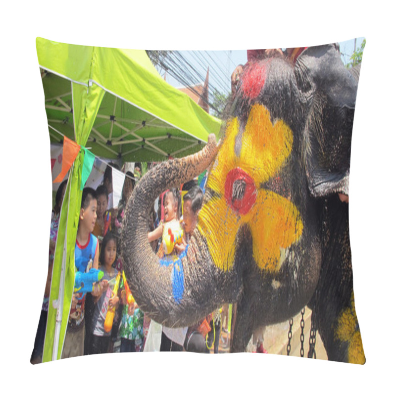 Personality  Songkran Festival Is Celebrated In A Traditional New Year Is Day From April 13 To 15, With The Splashing Water With Elephants In Ayutthaya, Thailand. Pillow Covers