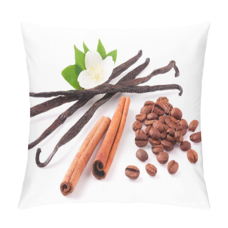 Personality  Vanilla Sticks And Cinnamon With Coffee Beans And Flower Isolated On White Background Pillow Covers