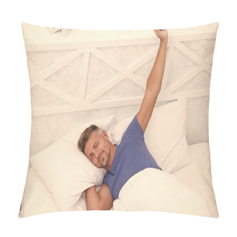 Personality  Better Sleep Better Life. World Sleep Day. Benefits Of Good Healthy Sleep. Breathe Easily Sleep Well. Handsome Man In Bed. Feeling Good At Home. Happy Satisfied Person. Perfect Morning Awakening Pillow Covers