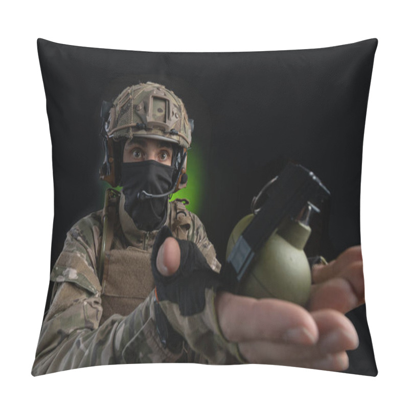 Personality  A Male Soldier In Military Clothes With A Weapon On A Dark Background Pillow Covers