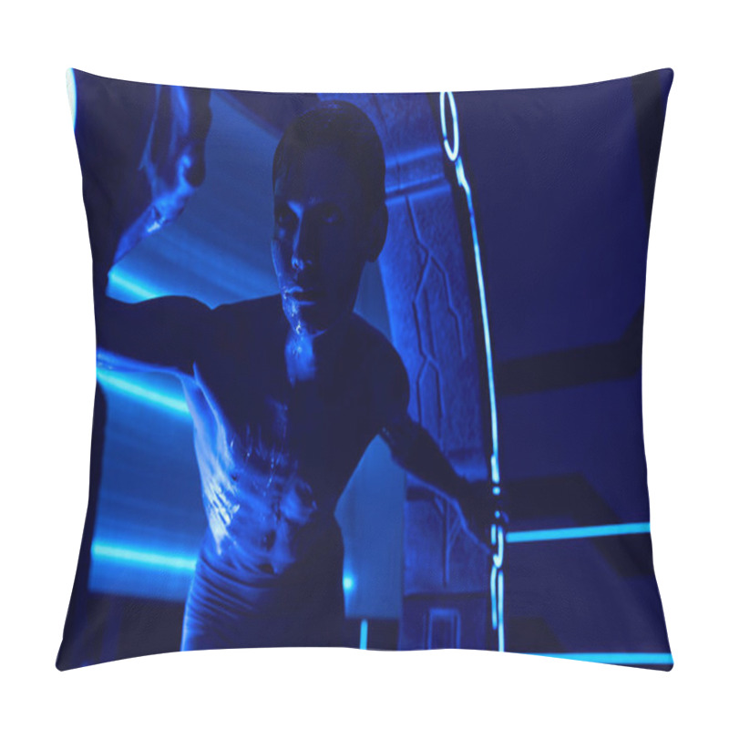 Personality  Scientific Breakthrough, Humanoid Alien Looking Out High-tech Device In Discovery Center Pillow Covers